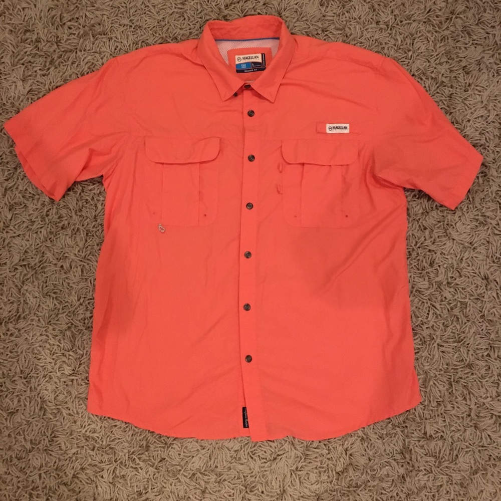 Magellan Outdoors fish gear button up short sleeve shirt “salmon color”